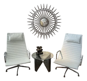 Herman Miller Eames Aluminum Group Lounge Chairs With 2101 Ivory Leather- A Pair