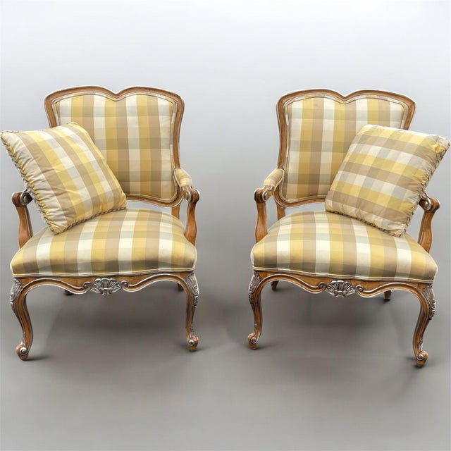 French 1980s Pair Fine Carved Louis XV Style Bergere Lounge Chairs For Sale - Image 3 of 12