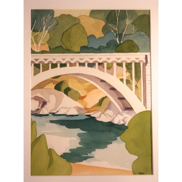 Contemporary Green & White Bridge Watercolor Painting For Sale - Image 3 of 3