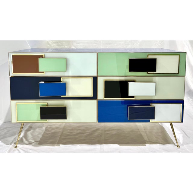 Italian Mondrian Style Blue Green White Brown Modern Brass Dresser/Chest For Sale - Image 4 of 17