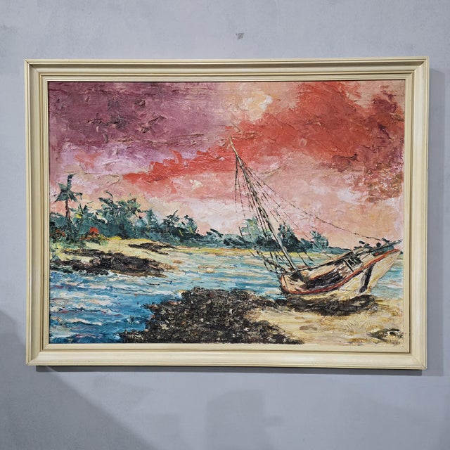 A very nice oil on canvas of a stranded boat in the caribean, signed Angelo 1961, in original frame and in very good...