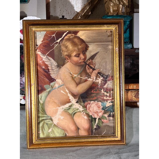 19th Century French Rococo Oil on Canvas Cherub Painting in Parcel Gilt Frame For Sale - Image 12 of 12