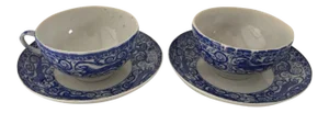 Antique Asian Lion Motif Tea Cups & Saucers - Service for 2