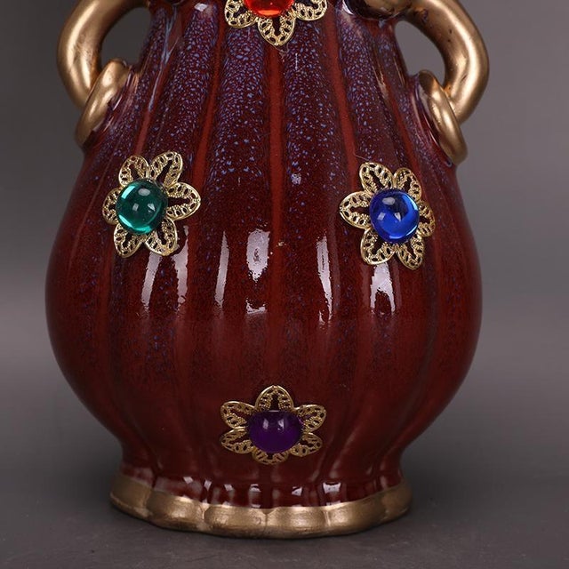 1960s 1960s Oxblood Red Fluted Ceramic Vase With Gilt Elephant Head Handles and Jewel Inlays For Sale - Image 5 of 5