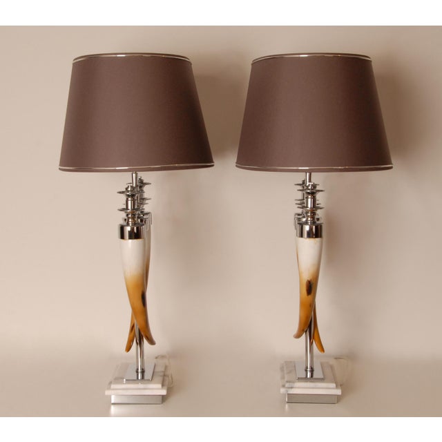 Chrome Vintage Chrome Table Lamps Faux Horn Silver Marble Base Modern Table Lamps a Pair For Sale - Image 8 of 11
