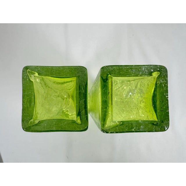 Light Green Art Glass MCM Vibrant Green Vintage Crackle Finish Rectangular 10" Vases-Pair! For Sale - Image 8 of 10