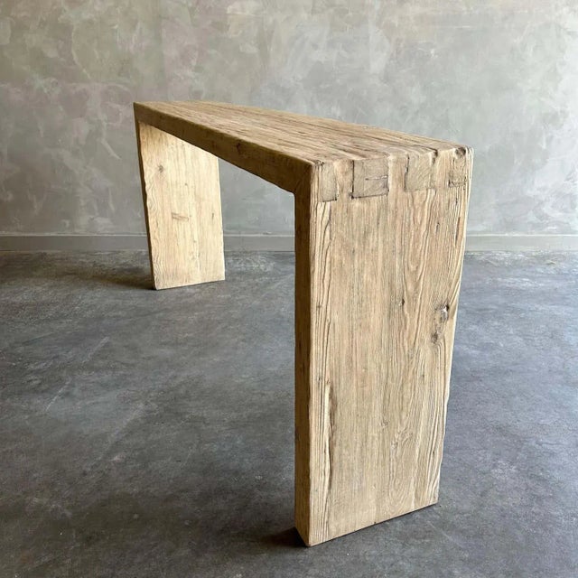Mid-Century Modern Natural Elm Wood Reclaimed Waterfall Style Console Table For Sale - Image 3 of 10