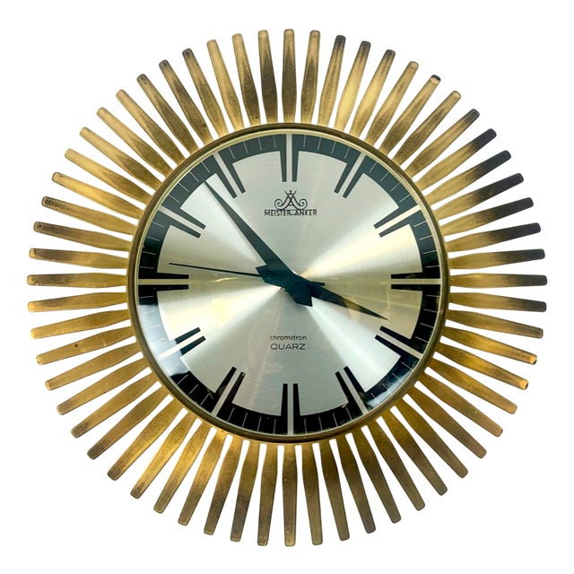Mid-Century Modern Sunburst Wall Clock in Brass from Meister Anker, 1960s For Sale