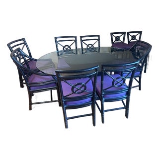 1980s Elinor McGuire Np12 Eliptical Dining Table With 4 Chairs 2 Arm Chairs 1 Desk Chair 2 Bar Stools - Set of 11 For Sale