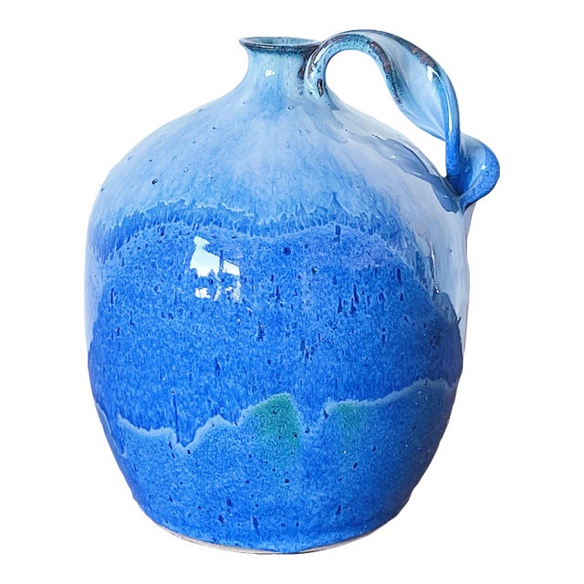 Vintage Hand Thrown Studio Pottery Jug in Shades of Blue With Twisted Handle, Signed For Sale