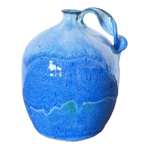 Vintage Hand Thrown Studio Pottery Jug in Shades of Blue With Twisted Handle, Signed