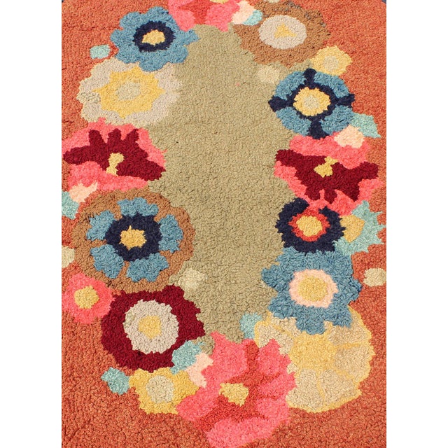 Mid 20th Century Vintage Oval American Hooked Rug With Large Flower Design For Sale - Image 5 of 8