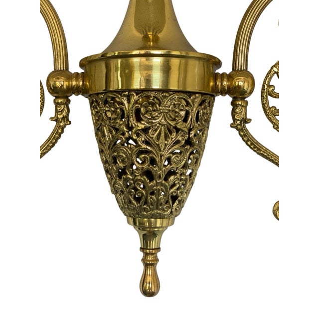 Vintage 2- Light Art Nouveau Converted Gas Chandelier Gothic Fleur De Lis Glass For Sale - Image 4 of 7