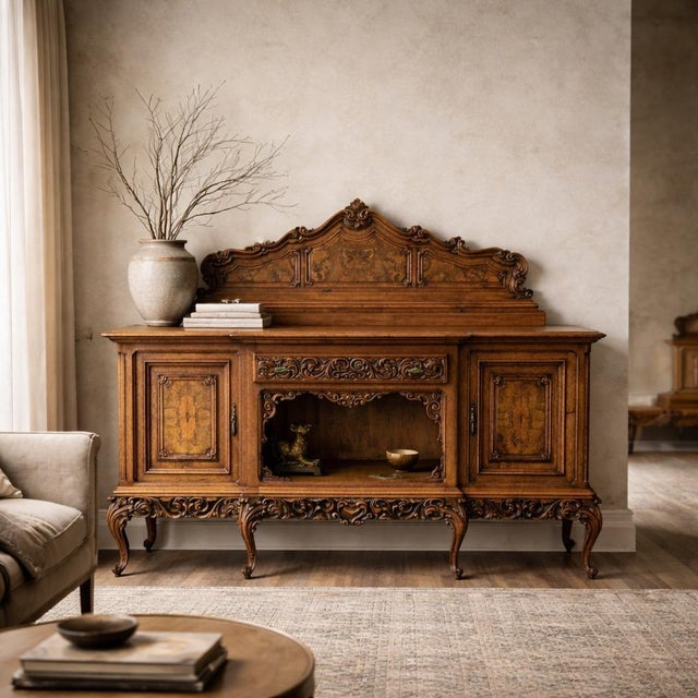 A substantial carved walnut sideboard with a long architectural case, warm figured wood, cabriole legs, and a deeply...