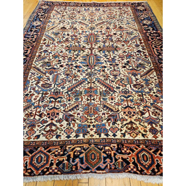 Vintage Heriz Serapi Rug, Hand-Knotted Wool, All-Over Geometric Pattern, Ivory & Blue, 8x10 For Sale - Image 12 of 14