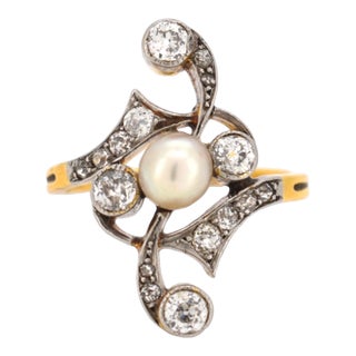 Antique 1910 Art Nouveau Pearl Ring - 18k Gold / Platinum, Size 7 For Sale