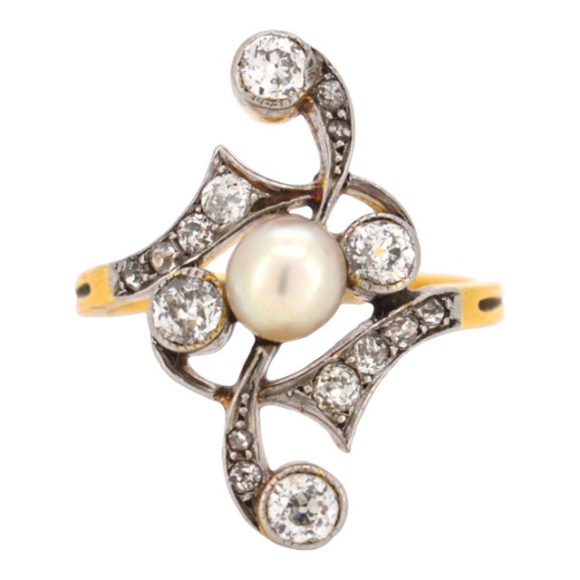 Antique 1910 Art Nouveau Pearl Ring - 18k Gold / Platinum, Size 7 For Sale