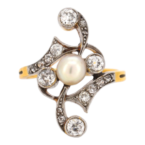 Antique 1910 Art Nouveau Pearl Ring - 18k Gold / Platinum, Size 7