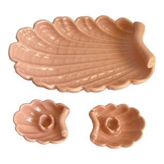 Mid Century Abingdon Usa Pottery Shell Centerpiece & Candle Holders Set Dusty Rose Pink Dish Bowl For Sale