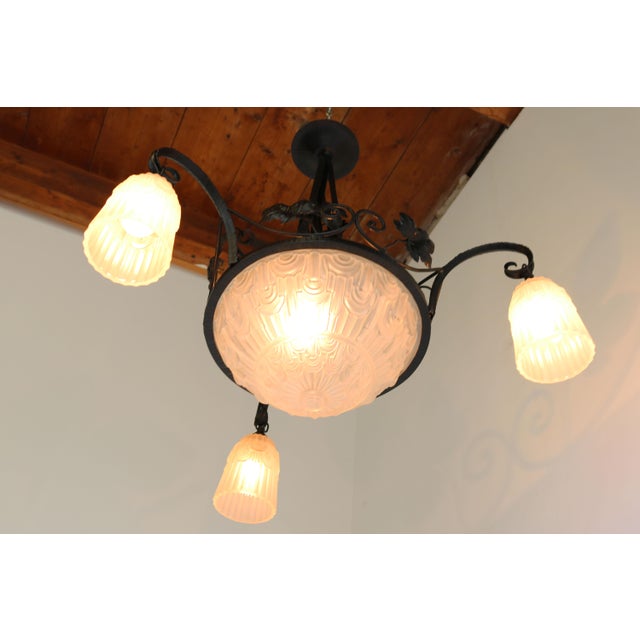 Metal Antique French Art Deco Geometric Wrought Iron and Frosted Glass Chandelier, 1930 For Sale - Image 7 of 15
