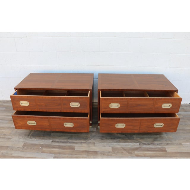 Pair of Mid-Century Modern Campaign Walnut Nightstands by Baker Milling Road | Brass Hardware, Circa 1960s For Sale - Image 16 of 18