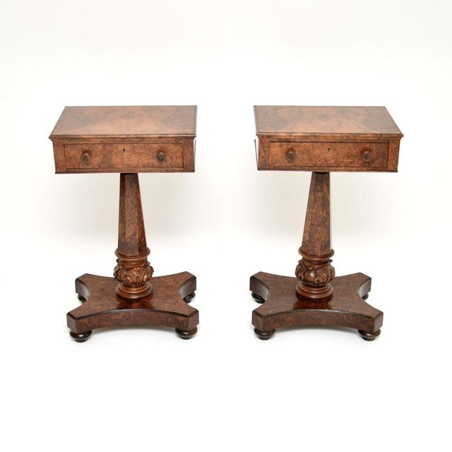 An exceptional pair of antique William IV burr walnut side tables. They were made in England, they date from around the...