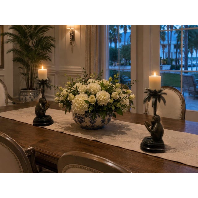 Bronze Pair of Vintage Cast Metal "Reading Monkey" Palm Tree Candlesticks For Sale - Image 8 of 12
