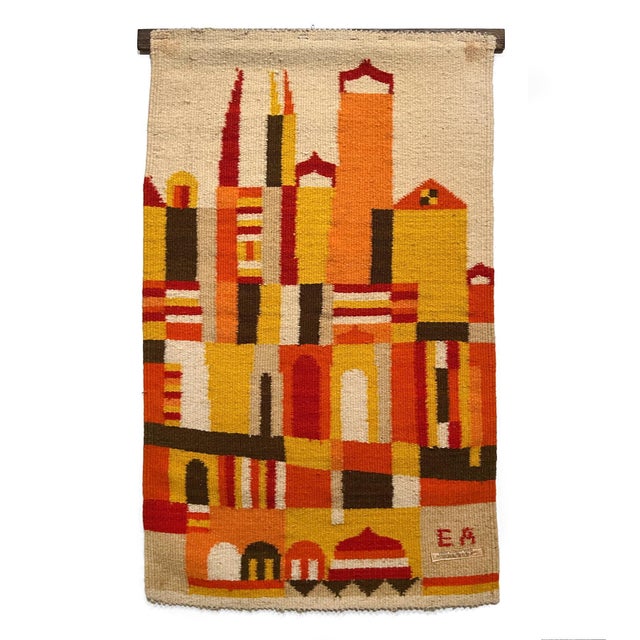 A lovely tapestry by Evelyn Ackerman in vivid warm hues, this piece interprets a cityscape as abstract blocks of color. We...