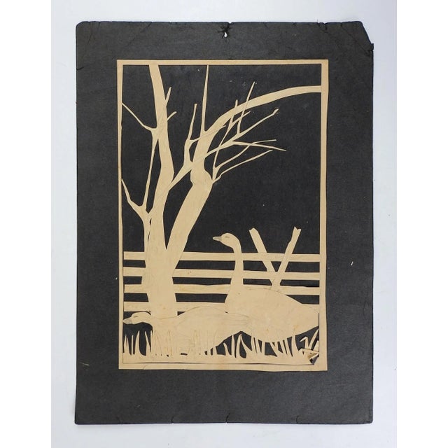 Vintage circa 1930's collage cutouts on paper of geese. Tan paper on black paper, pencil detail, unsigned. Unframed, age...