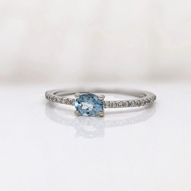 Blue East West Aquamarine Ring with Natural Diamonds in Solid 14K White Gold Oval 3x5mm For Sale - Image 8 of 11
