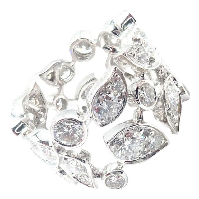 Cartier Diamond Leaf Wide White Gold Band Ring, Size 6.25 For Sale