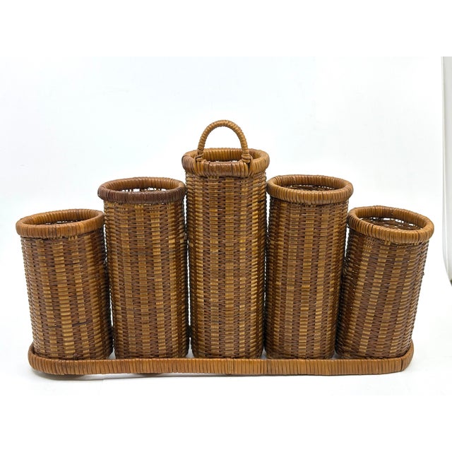 1970s Vintage Rattan Woven Condiment/ Utensil Holder Caddy For Sale - Image 5 of 7