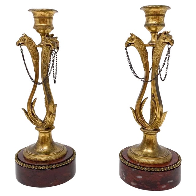 Louis XVI Style Candlesticks in Gilded Bronze and Griotte Marble, Set of 2 For Sale