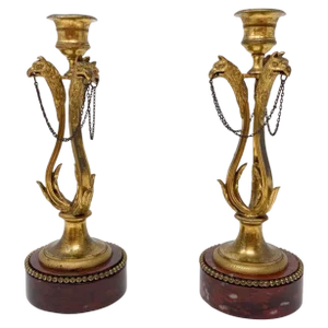 Louis XVI Style Candlesticks in Gilded Bronze and Griotte Marble, Set of 2