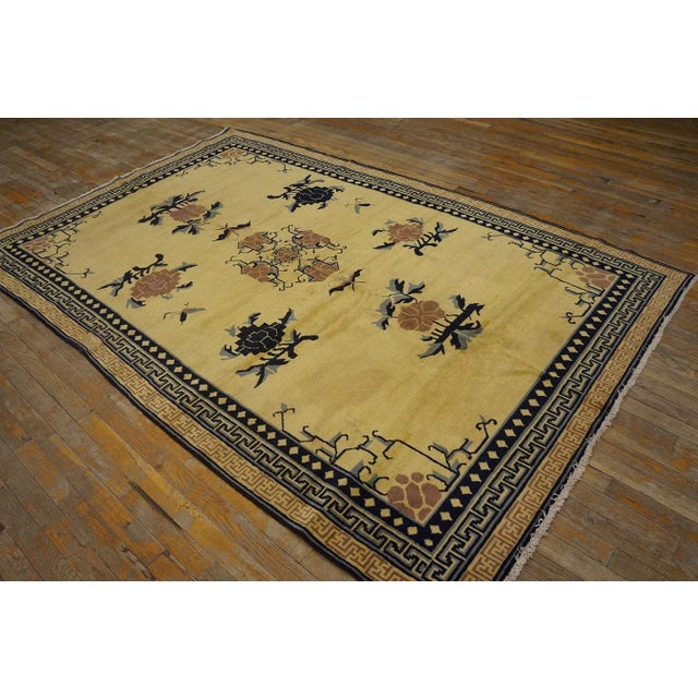 1920s Yellow Mustard Medallion Antique Chinese Khotan Rug 5' 4'' X 8' 0'' Knotted Pile Wool Carpet For Sale - Image 4 of 11