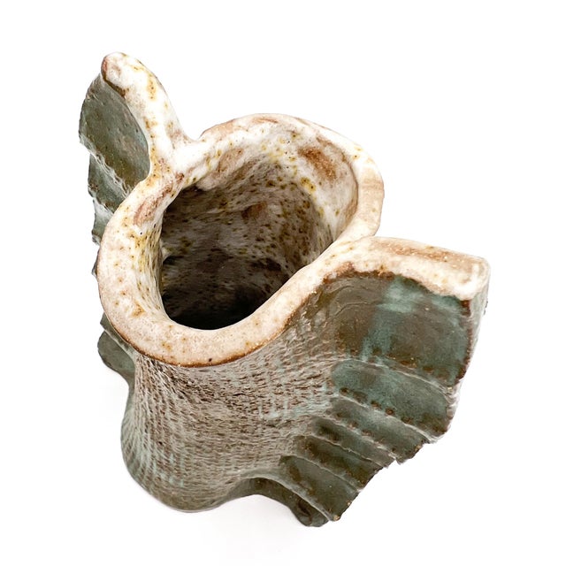 Vintage Aqua Blue Sculptural Ruffled Ceramic Studio Pottery Vase For Sale - Image 10 of 11