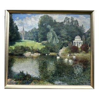 Karl Banďouch, Kassel – Wilhelmshöhe, Hercules Temple with Swans, 1929, Oil Painting on Canvas, Framed For Sale