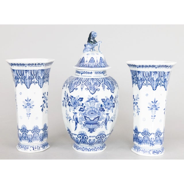 French Country Antique Petite Dutch Delft Floral Garniture Vases - Set of 3 For Sale - Image 3 of 9