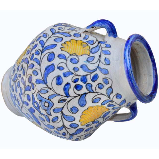 Canary Yellow Mid 20th Century Blue & Orange Andalusian-Patterned Ceramic Vase W/ Handles For Sale - Image 8 of 10