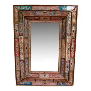 Stunning Large Hand-Made Reverse Painted Glass Paneled Mirror by Artist Robert Weiss, Peru For Sale