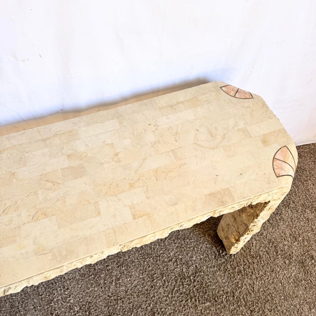 Postmodern Tessellated Beige and Pink Stone Console Table With Brass Inlay For Sale - Image 4 of 10