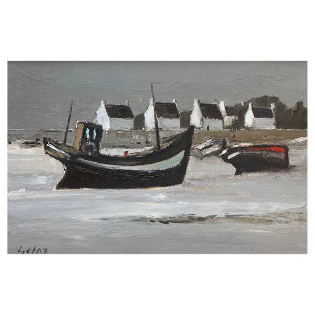 Jean Louis Getaz, Boats in Front of the 4 White Houses, Oil on Canvas, 1980s For Sale