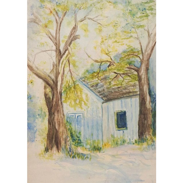 Farmhouse Antique Plein Air Watercolor Farmhouse Cabin Landscape Painting For Sale - Image 3 of 3