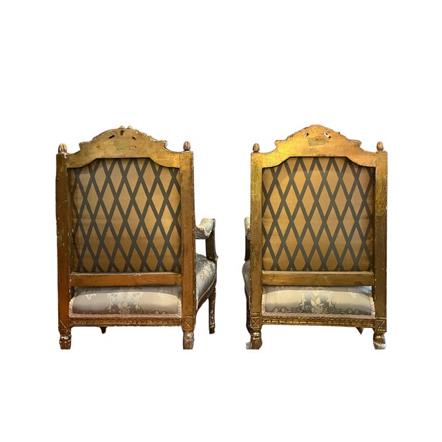 Late 18th Century Pair of Louis XVI Style Giltwood Fauteuil Armchairs With Silk Upholstery For Sale - Image 4 of 6