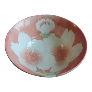 Late 20th Century Japanese Kozan Gama Porcelain Bowl Handmade Wheel Thrown Tropical Floral Motif
