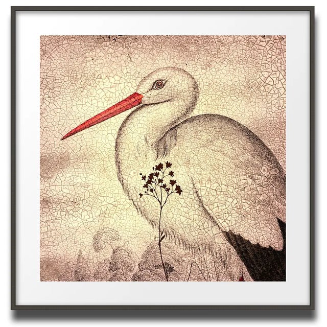 Vintage Crackled Stork Archival Print For Sale - Image 4 of 4