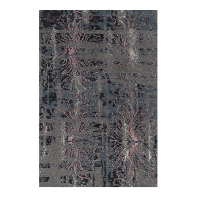 Rug & Kilim’s Abstract Rug in Blue and Grey, Subdued Pink Floral Patterns For Sale