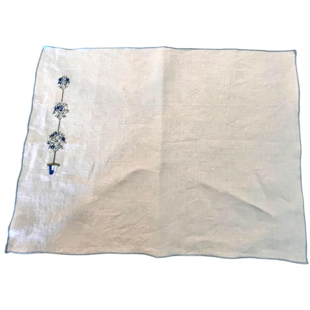 This is a beautiful set of 4 diner placemats. They are made of linen, and they have a beautiful blue embroidered hem. They...