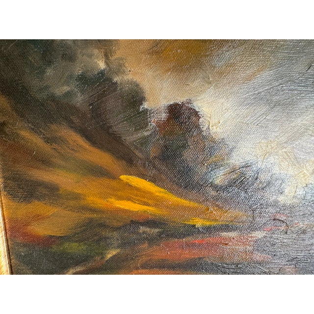 A dramatic and beautiful oil landscape on canvas by Kenneth Hugh, “Turning Back”, in its original gold frame ready to...