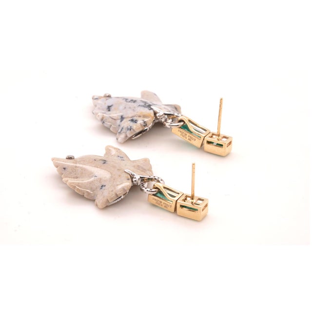 Emerald, Diamond and Jasper Leaf Earrings in 14ct Gold - Fei Liu, Pair For Sale - Image 4 of 5